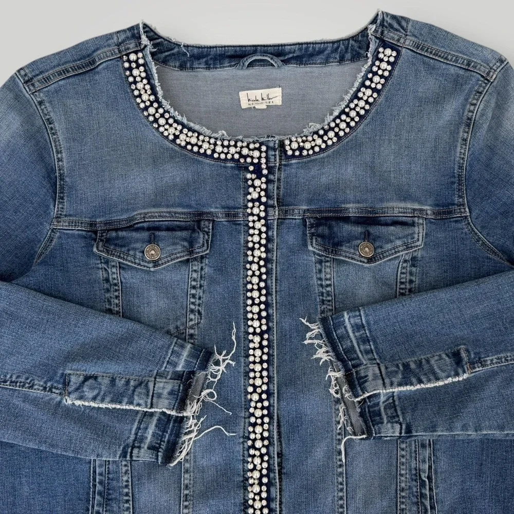 Nicole Miller Denim Jacket Womens‎ 3X Pearl Rhinestone Fringe Trim